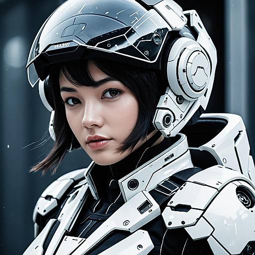 Futuristic Woman in High-Tech Cybernetic Armor Helmet
