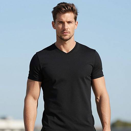 Confident Man in Black V-Neck T-Shirt Outdoors