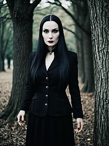 Woman in Morticia Addams Costume with Gothic Style in Forest