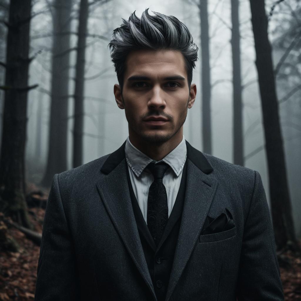 Man in Suit in Misty Forest