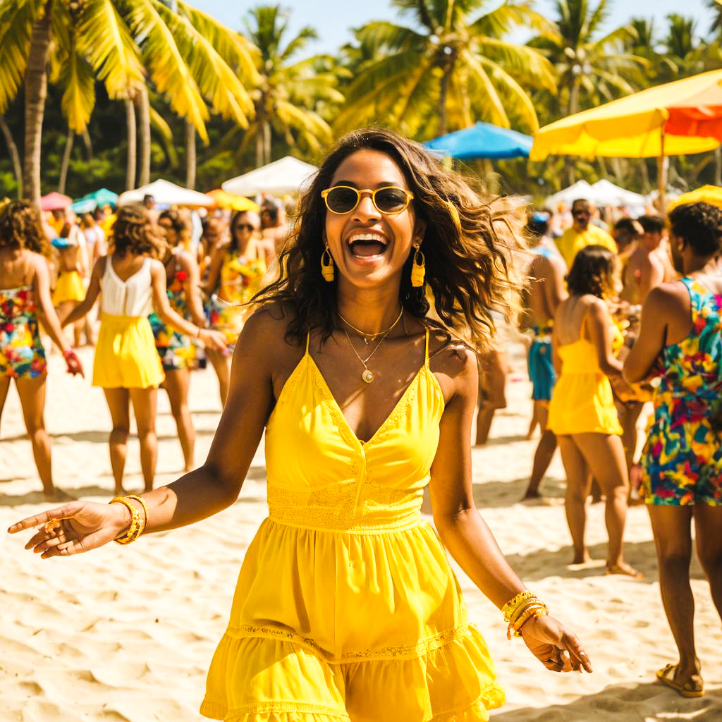 Joyful Woman in Yellow Dress at Tropical Beach