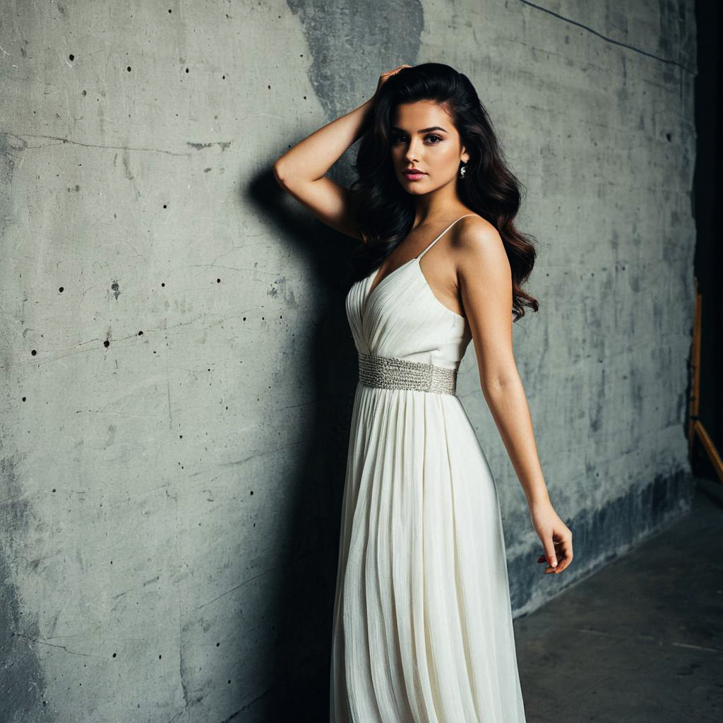 Elegant Woman in White Dress Against Concrete Wall