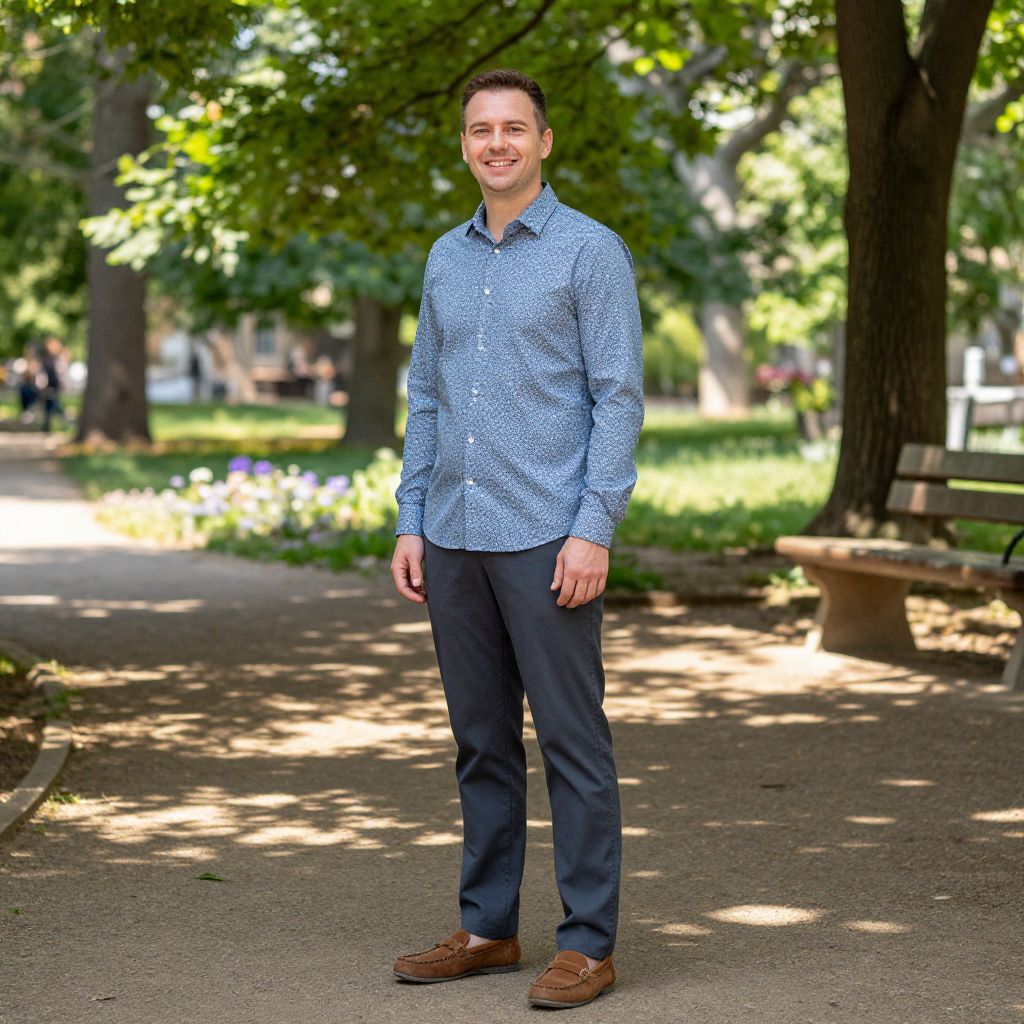 Casual Man Standing in Sunny Green Park with Blue Shirt and Loafers