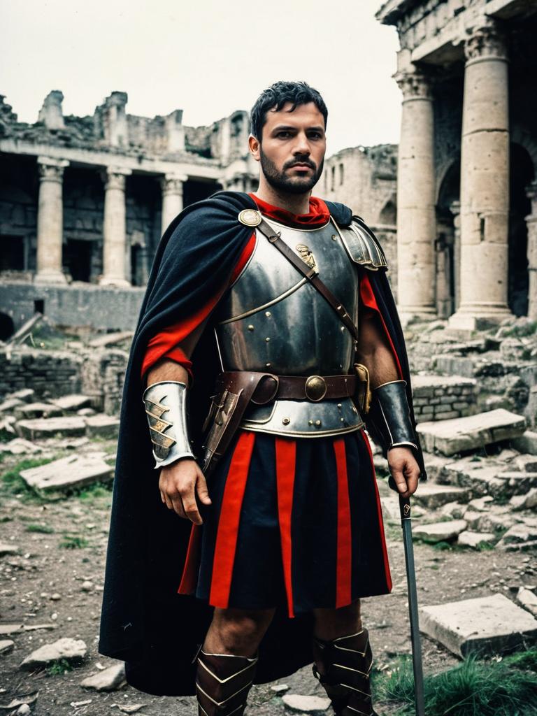 Photorealistic Portrait of Man in Roman Soldier Costume in Ancient Ruins