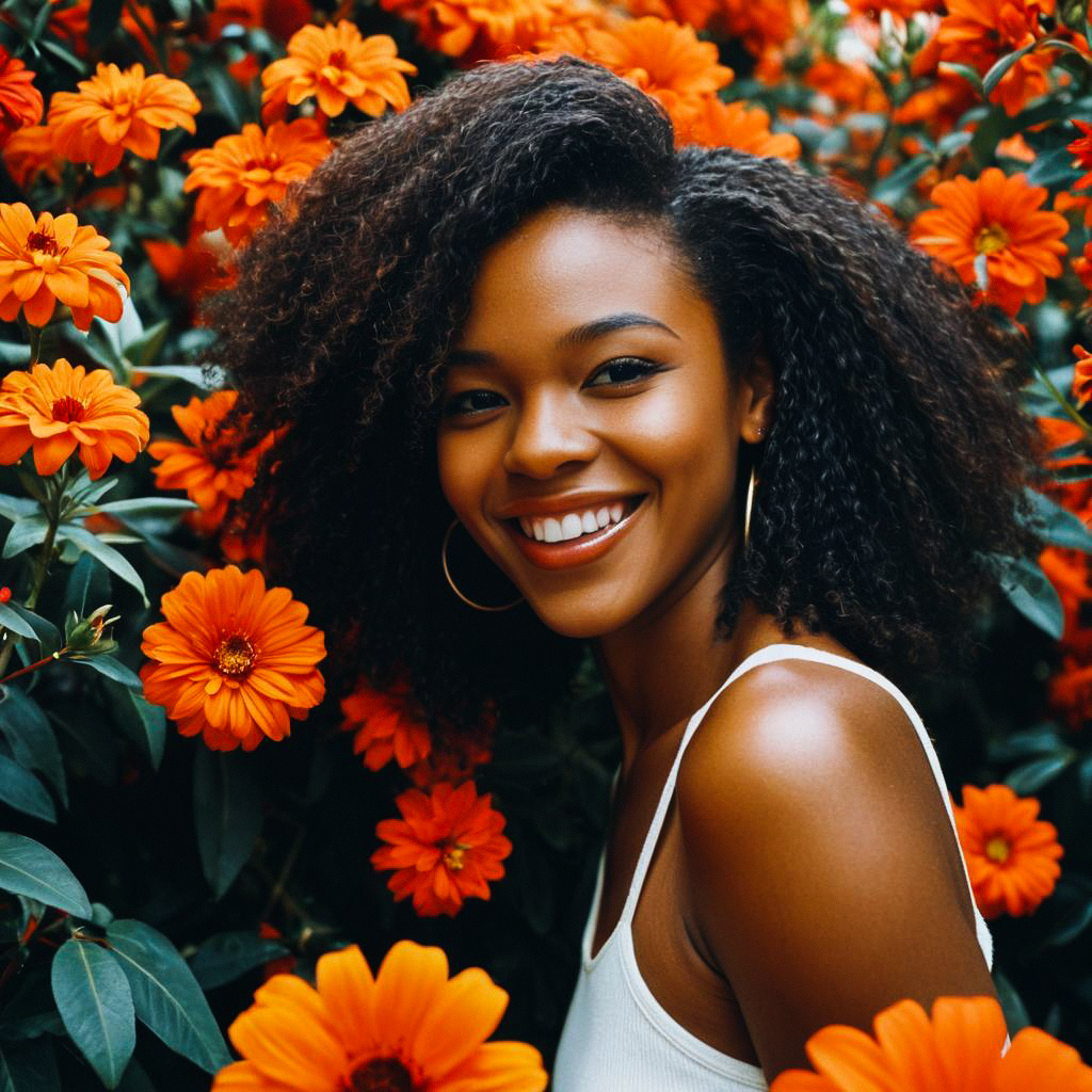 Radiant Young Woman with Curly Hair Among Orange Flowers