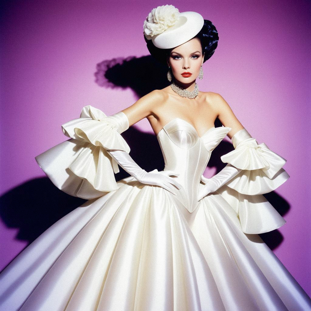 Elegant Woman in White Gown with Ruffled Sleeves