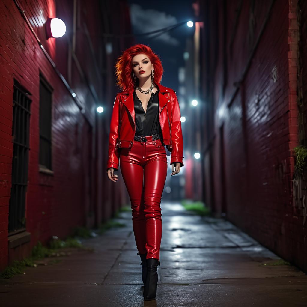 Confident Woman in Red Leather Jacket in Alley