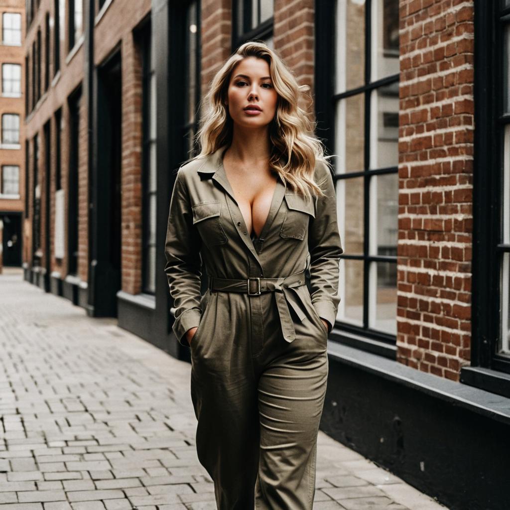 Blonde Woman Walking in Olive Green Jumpsuit Urban Street Style