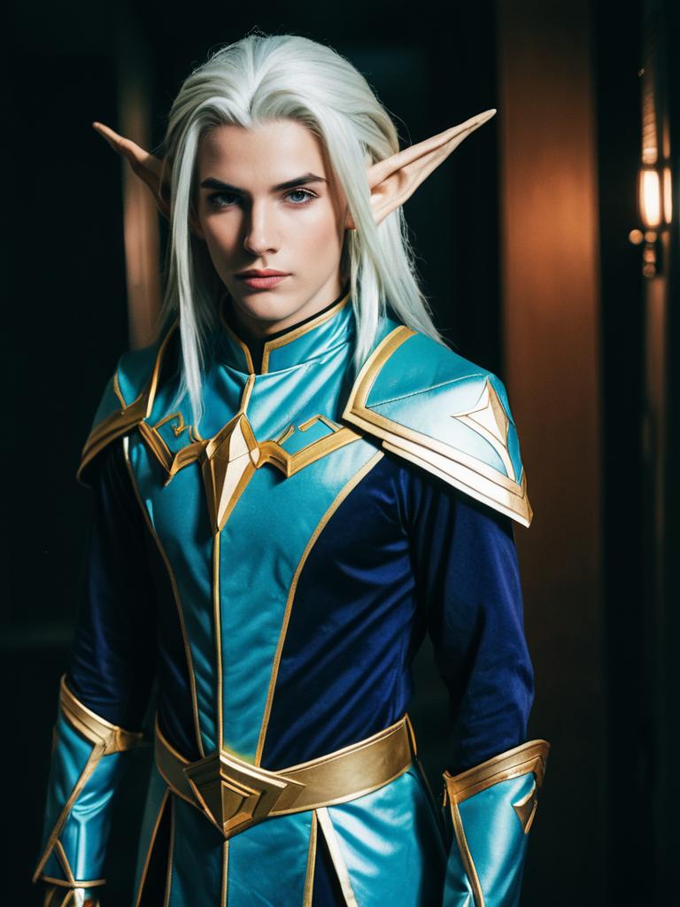 Man Cosplay Wearing Realistic Azelf Costume with Blue and Gold Armor