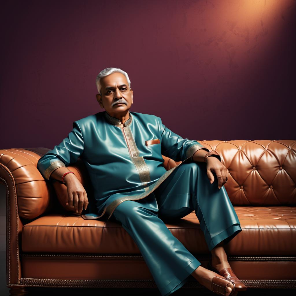 Elegant Man in Turquoise Kurta on Leather Sofa