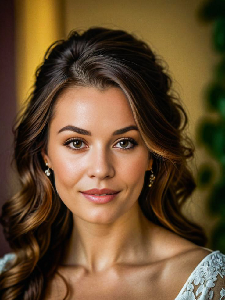 Elegant Woman with Wavy Hair and Natural Makeup