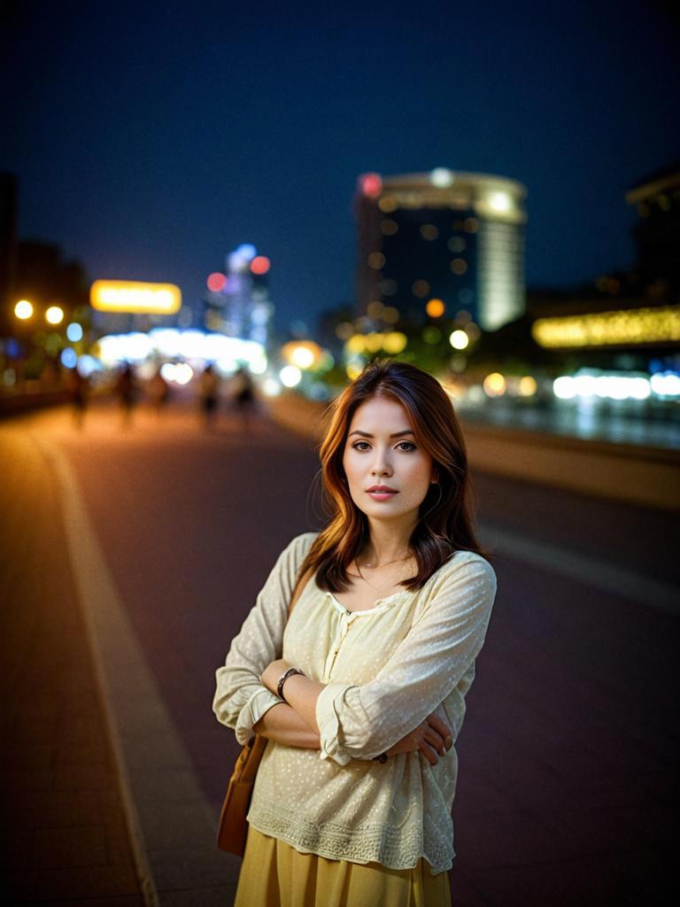 Confident Young Woman in Vibrant Cityscape at Night