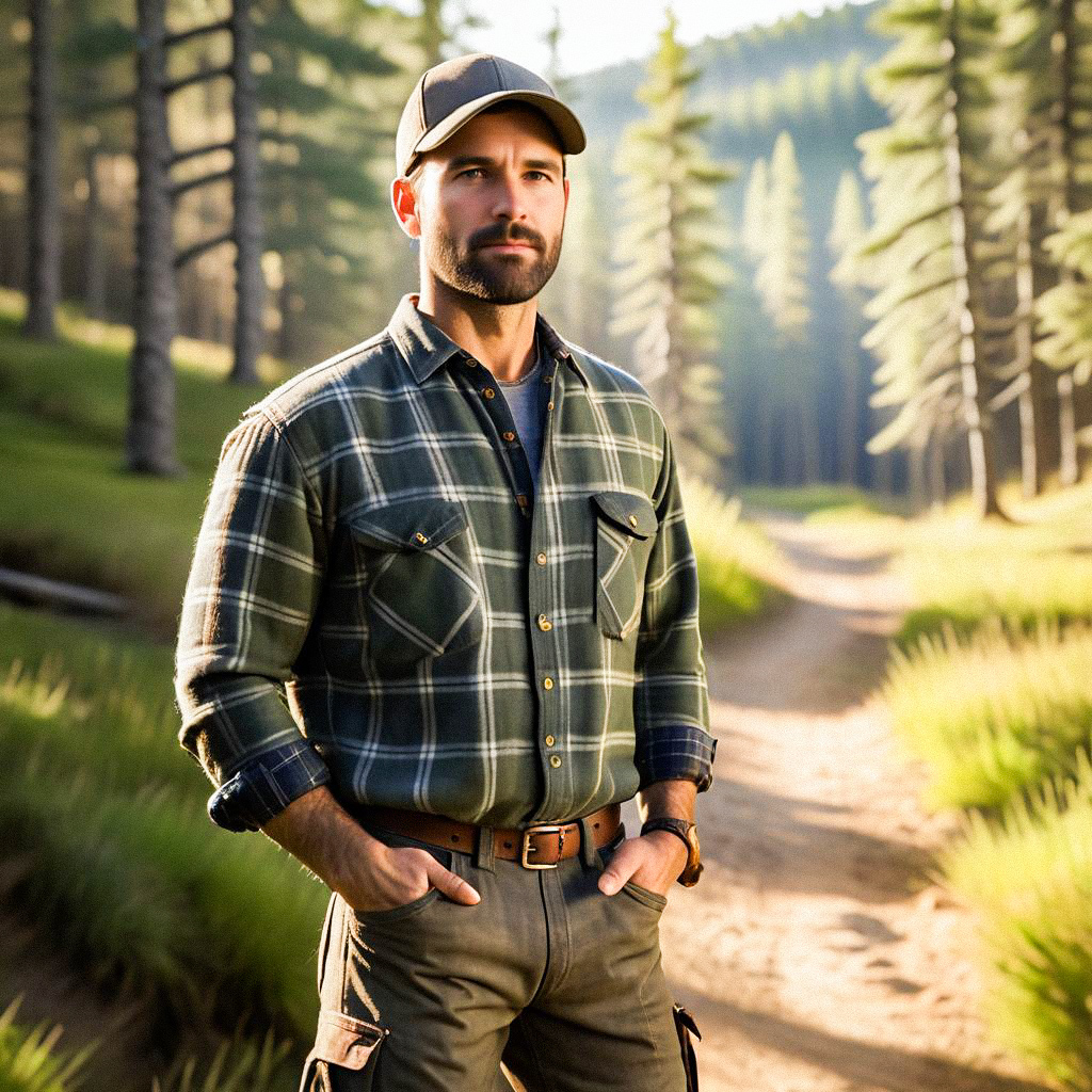 Confident man in plaid shirt in serene forest