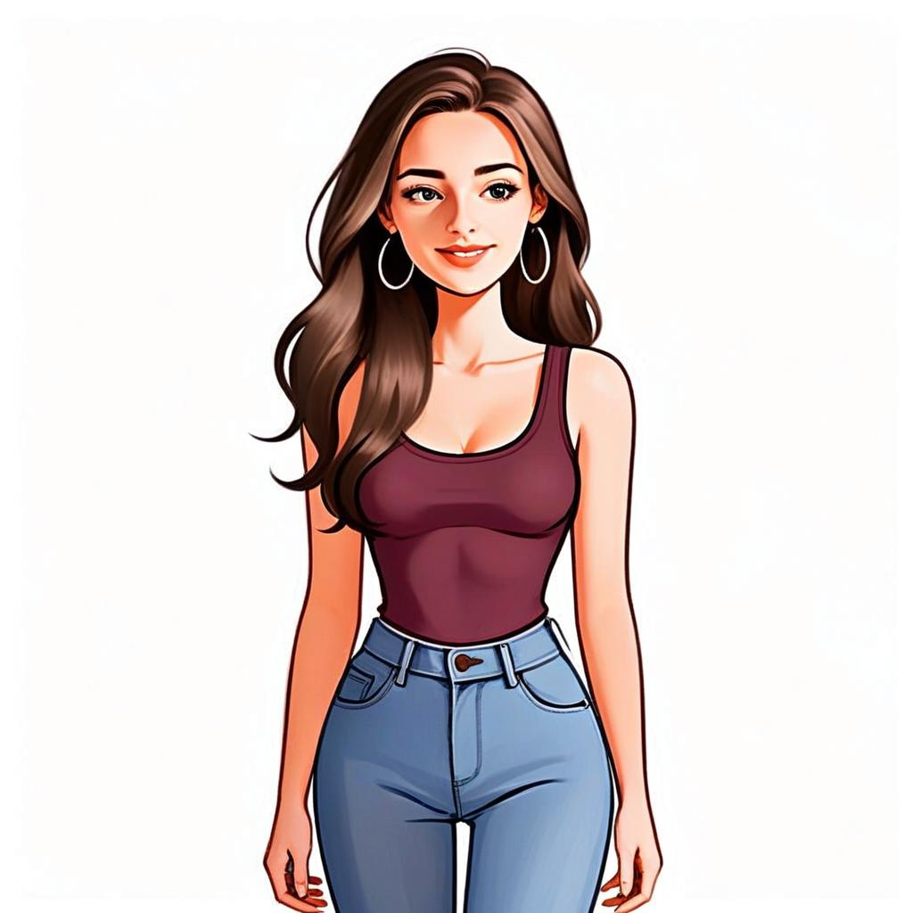 Stylish Woman With Long Hair in Casual Chic Outfit Digital Illustration