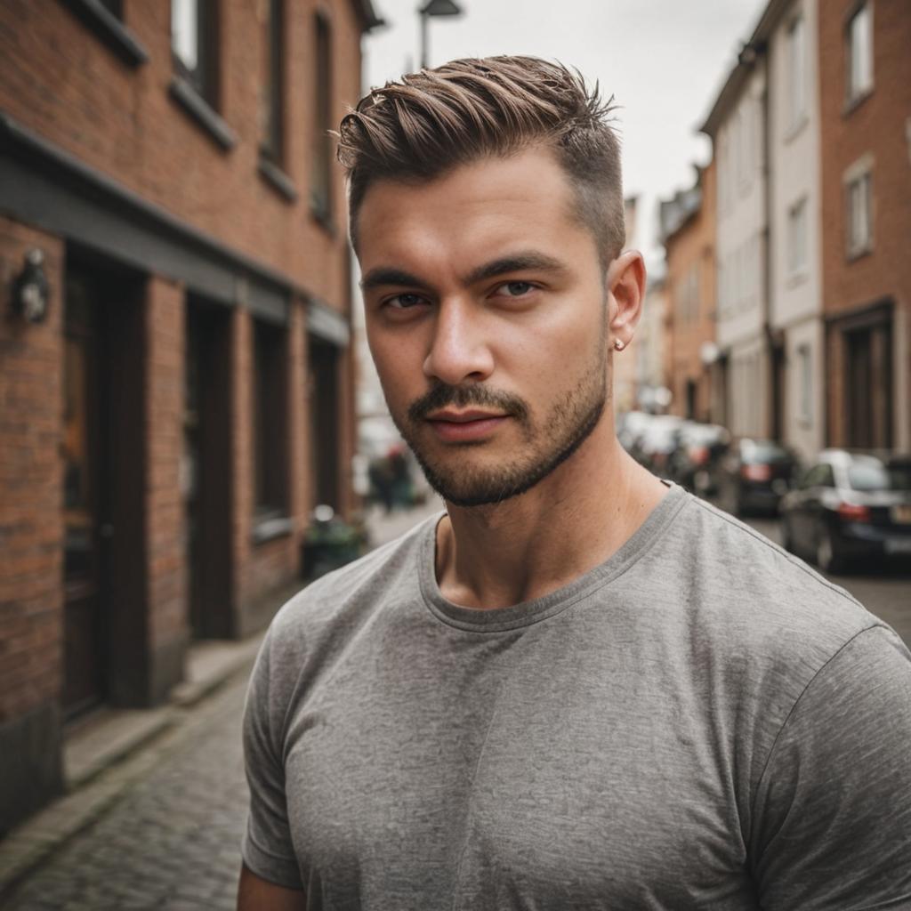 Confident Man with Modern Viking Haircut in Urban Setting