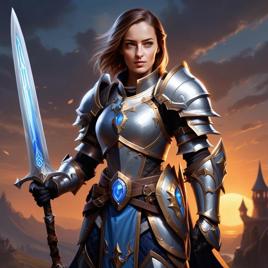Determined Woman Warrior with Blue Sword at Sunset