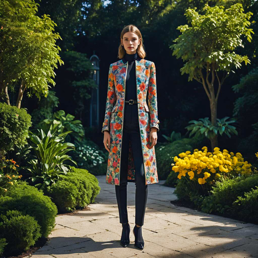 Woman in Floral Coat Standing in Garden with Black Outfit