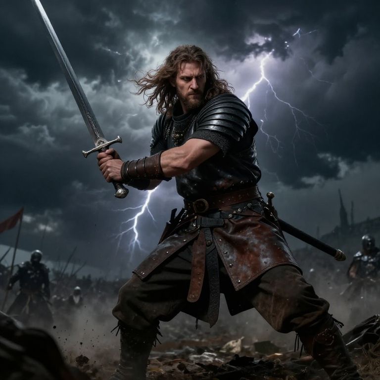 Medieval Warrior in Stormy Battlefield with Sword