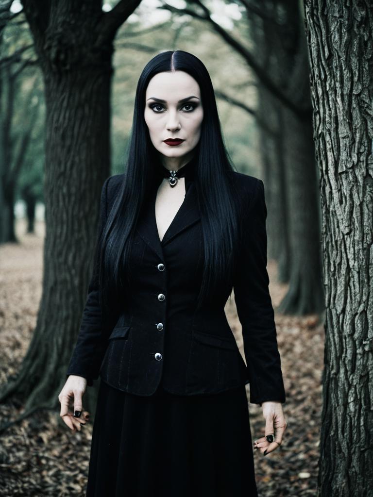 Woman in Morticia Addams Costume with Gothic Style in Forest