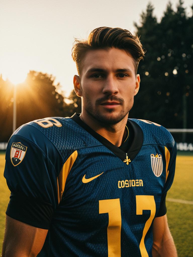 Football Player in Stylish Blue and Gold Gear Outdoor Portrait