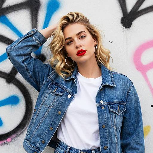 Trendy Young Woman in Denim Jacket with Red Lipstick Against Graffiti Wall