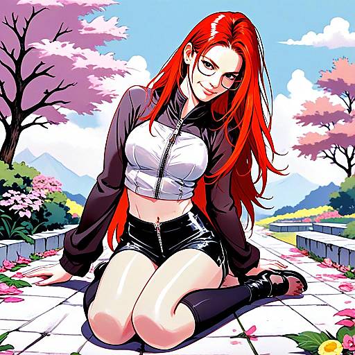 Anime Style Red-Haired Woman Kneeling on Flower-Lined Pathway with Glasses