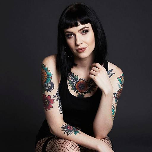 Confident Woman with Black Hair and Vibrant Floral Tattoos in Edgy Fashion