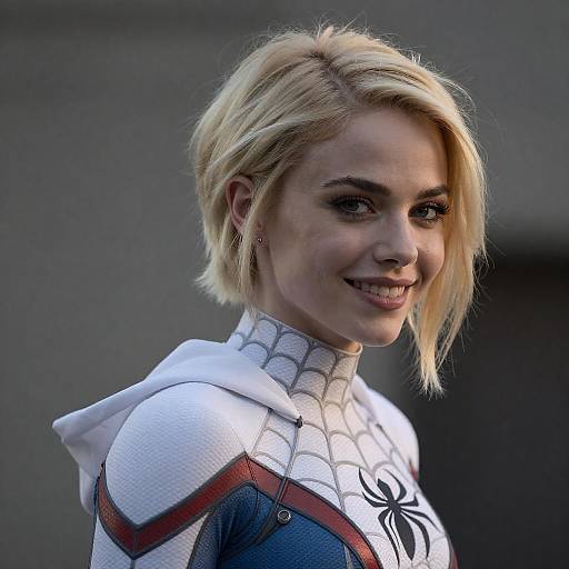 Young Woman in Spider-Gwen Inspired Superhero Costume