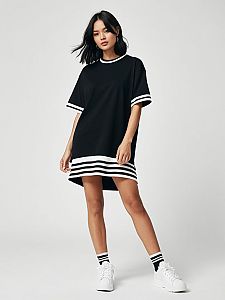 Sporty-Chic Black Mini Dress with Oversized T-Shirt Style for Women