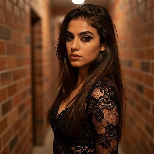 Confident Young Woman in Black Lace Top in Warm Brick Corridor - Gen Z Style Portrait