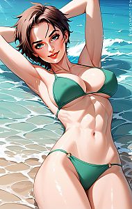 Anime Style Woman Relaxing on the Beach in Green Bikini