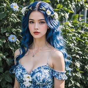 Serene Woman with Blue Hair in Floral Dress