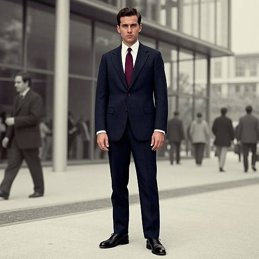 Young Man in Dark Navy Suit and Burgundy Tie Standing Outside Modern Office Building
