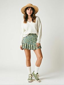 Woman Casual Boho Outfit with White V-Neck Sweater and Floral Skirt