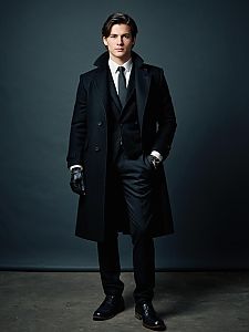 Stylish Young Man in Black Overcoat and Suit Fashion Portrait