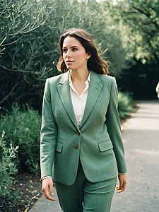 Woman in Sage Green Suit Walking Outdoors in Natural Daylight