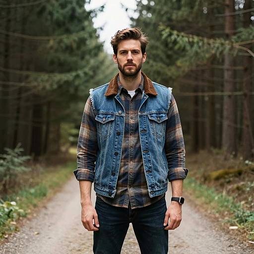 Young Man in Denim Vest and Plaid Shirt on Forest Path
