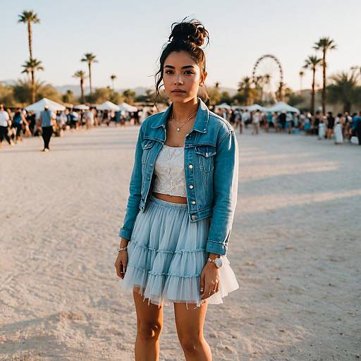 Young Woman at Outdoor Festival Wearing Denim Jacket and Tulle Skirt