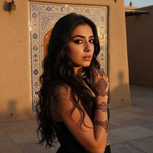 Portrait of Woman with Henna Tattoos and Traditional Tile Background