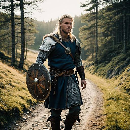 Medieval Warrior Man in Armor with Shield Walking Forest Path