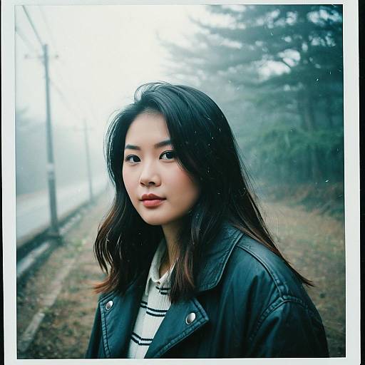 Portrait of Young Woman in Black Leather Jacket on Foggy Road