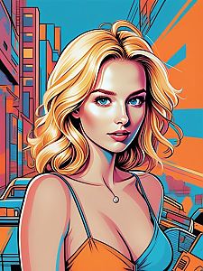Vibrant Woman with Blonde Hair in Abstract Cityscape