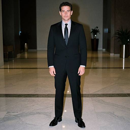 Man in Classic Black Suit Standing in Modern Indoor Lobby