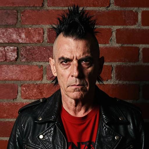 Punk Rock Man with Spiked Mohawk and Leather Jacket Against Brick Wall