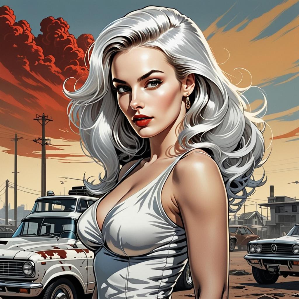Digital Illustration of Woman with Platinum Blonde Hair and Vintage Cars at Sunset