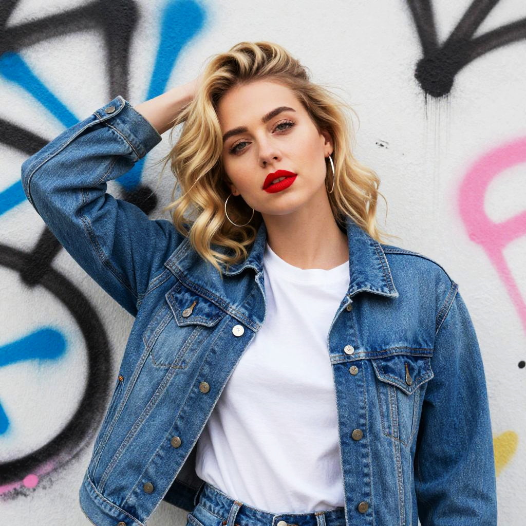 Trendy Young Woman in Denim Jacket with Red Lipstick Against Graffiti Wall