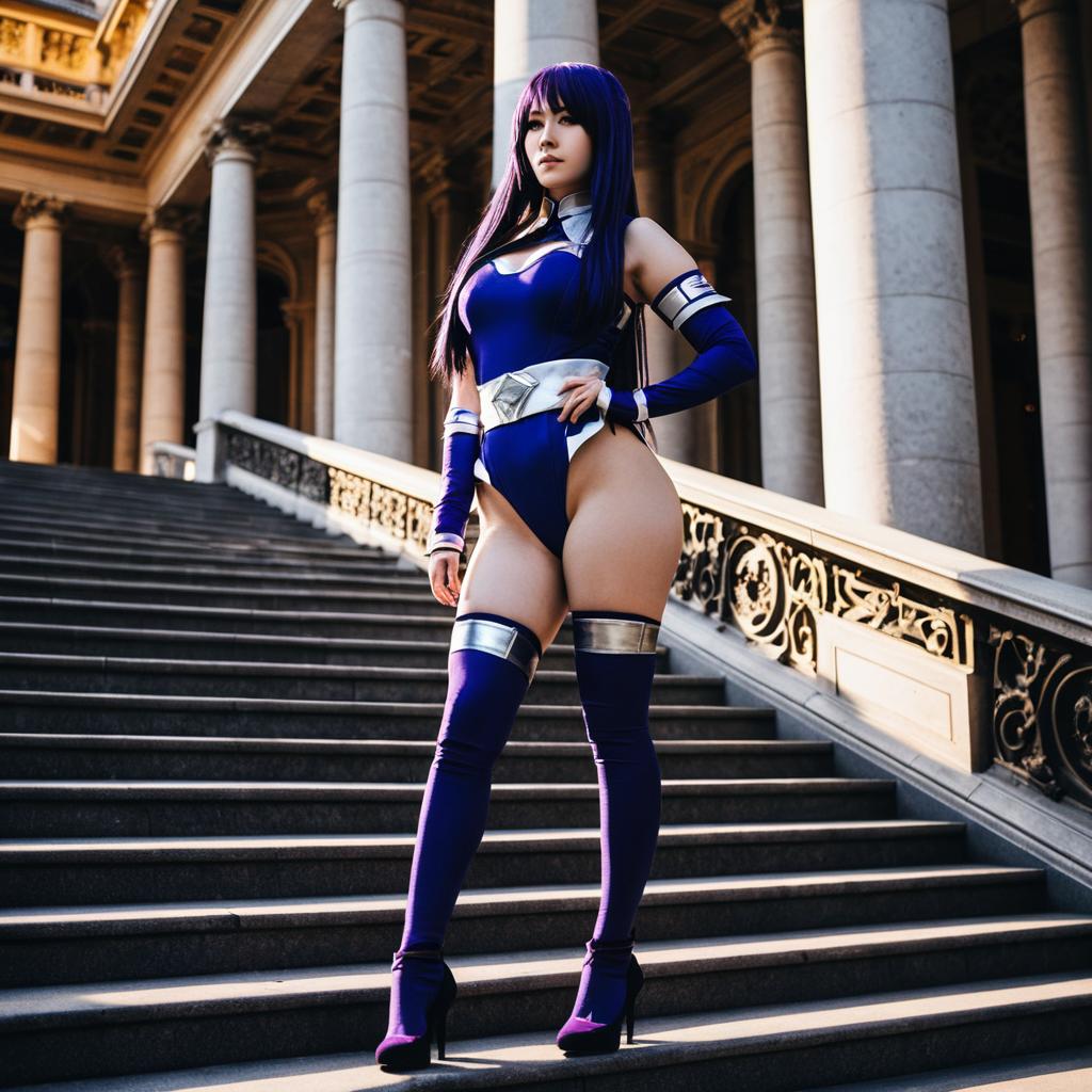 Woman in Futuristic Blue Cosplay Costume Posing on Architectural Staircase