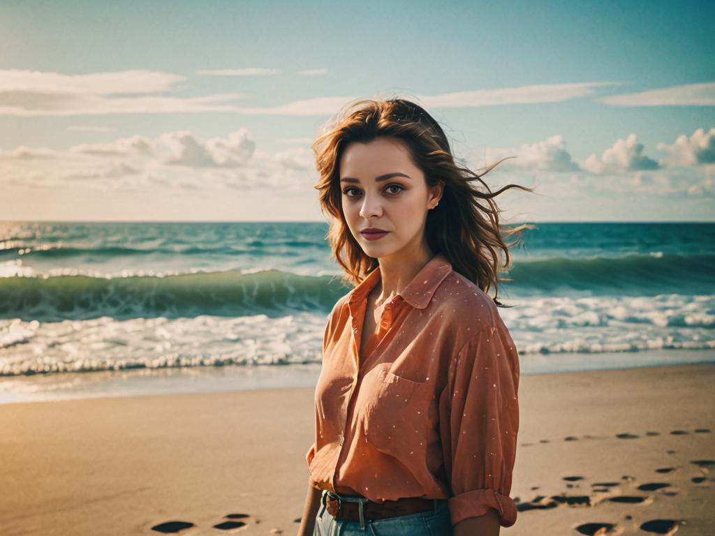 Woman in orange blouse on beach with sea breeze