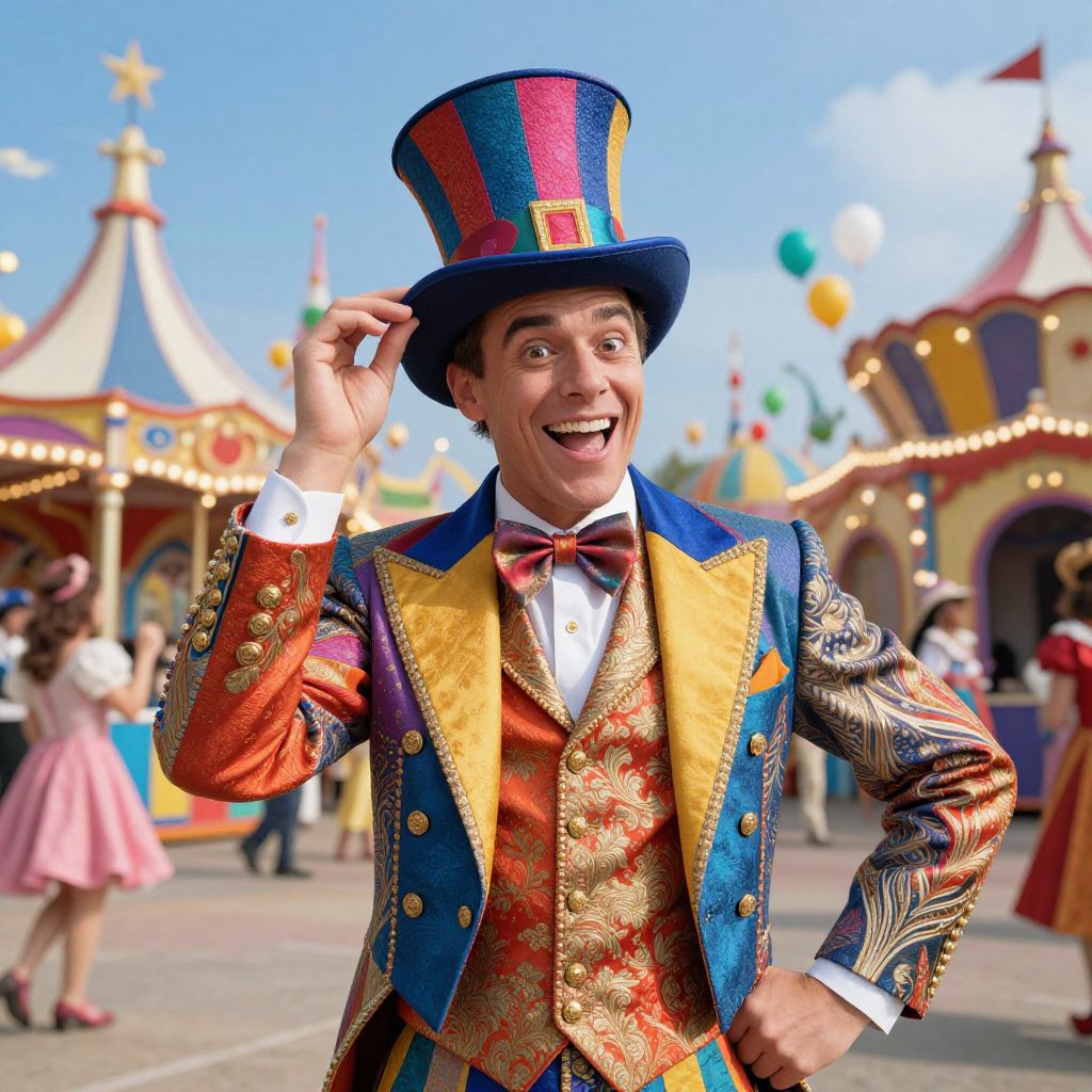 Cheerful Circus Ringmaster in Colorful Costume at Carnival