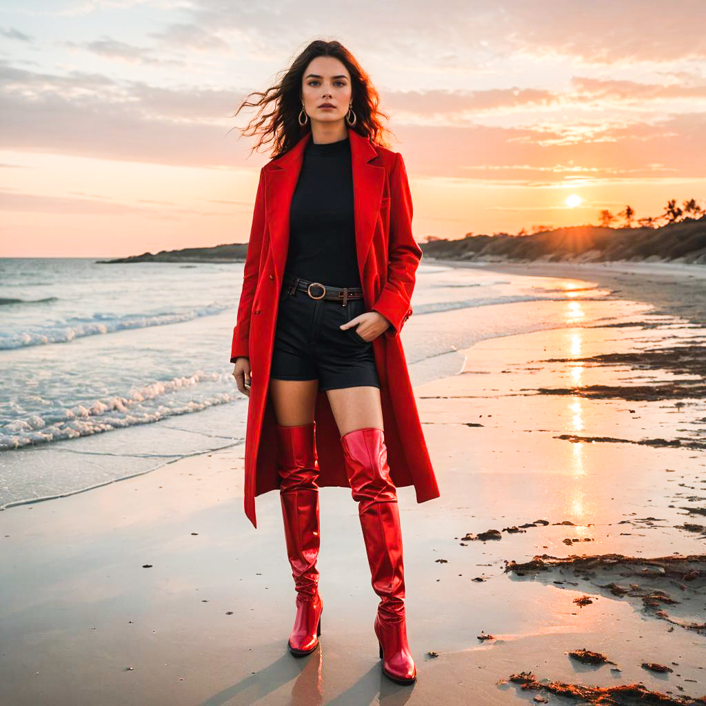 Confident Woman in Red Coat at Sunset Beach